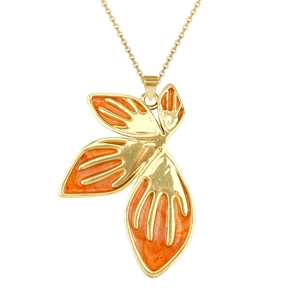 Elegant gold-plated necklace with orange enamel maple leaf pendant on white background