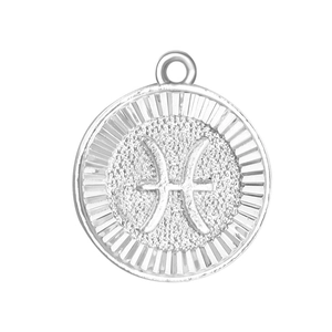 Elegant silver Pisces zodiac circular pendant necklace with detailed sunburst engraving