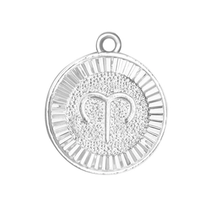 Silver Aries zodiac pendant with embossed relief and textured matte sunburst finish