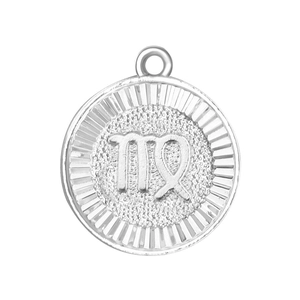 Silver circular Virgo zodiac pendant featuring embossed symbol and textured finish