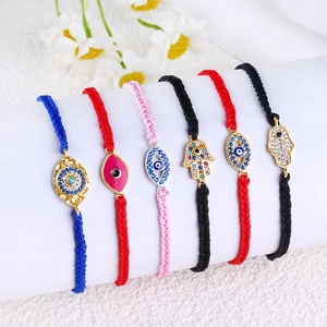 Handmade Braided Evil Eye Hamsa Hand Bracelet For Women Men Adjustable Cord Alloy Rhinestone Protection Lucky Jewelry