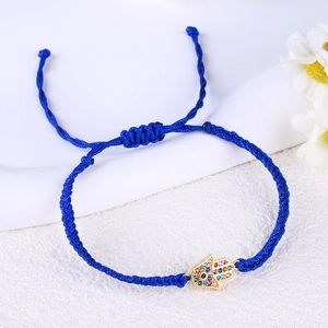 Adjustable dark blue braided Hamsa Hand bracelet with colorful zircon evil eye pendant