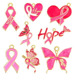 Pink Ribbon Breast Cancer Awareness Enamel Pendants Hope Heart Butterfly Gold Plated Alloy Charms For DIY Jewelry Making