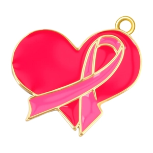 Pink ribbon heart pendant with gold plated copper for DIY necklaces and bracelets
