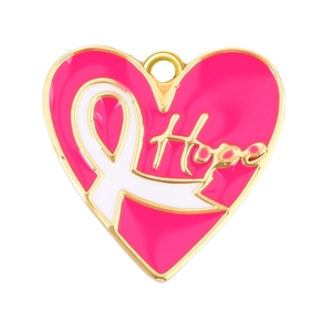 Pink enamel heart pendant with golden Hope lettering and white ribbon charm