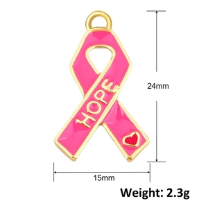 Pink ribbon hope charm pendant with gold metal edges and heart detail, 24mm size