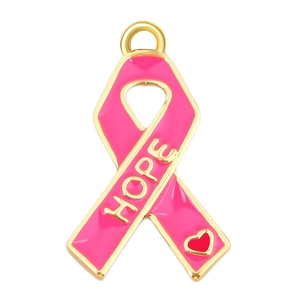 Pink ribbon hope charm pendant in gold plated copper for DIY necklaces and bracelets