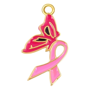 Pink ribbon butterfly heart pendant with gold metal frame for DIY jewelry making