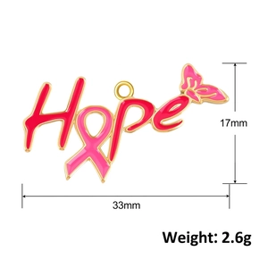 Detailed view of Hope butterfly pendant with pink ribbon and dimensions 33mm x 17mm