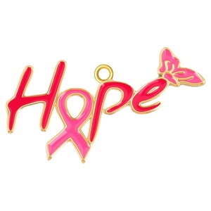 Detailed view of Hope pendant with pink ribbon and butterfly in gold enamel