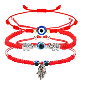 Σετ τριών κόκκινων υφαντών βραχιολιών Evil Eye με χέρι Hamsa και γούρια με ελέφαντα