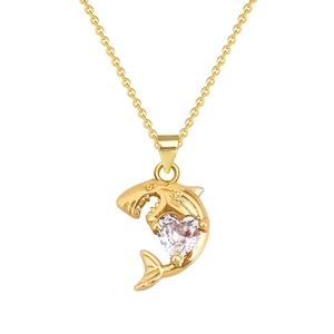 Élégant collier pendentif requin doré avec une pierre précieuse en zircon blanc en cœur
