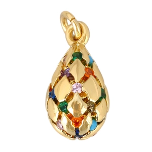 Vintage style gold-plated teardrop pendant with colorful gemstones and layered scale design