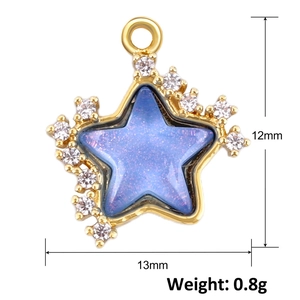 Blue star pendant in gold plated copper with cubic zirconia 12mm x 13mm charm