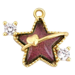 Star-shaped gold plated pendant with purple glitter center, heart detail and zircons