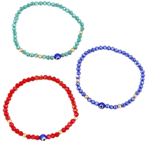 Lot de 3 bracelets œil porte-bonheur avec perles à facettes rouges, bleues et vertes