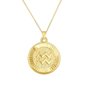 Gold plated Aquarius zodiac necklace with round embossed pendant on fine cable chain