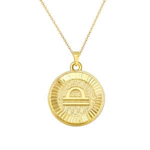 Polished gold-plated Libra zodiac coin pendant necklace with adjustable cable chain