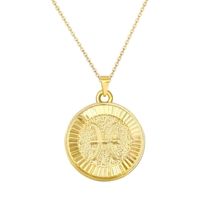 Retro gold plated round Pisces zodiac pendant necklace with textured finish and O-chain