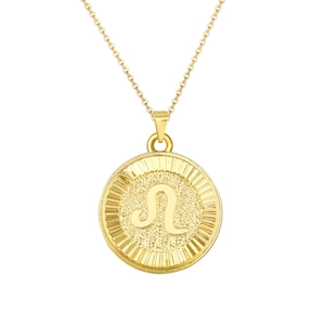 Detail of gold-plated Leo zodiac medallion necklace with polished finish and sunburst edge