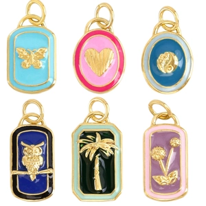 Set of 6 colorful enamel charms including butterfly and owl motifs with gold plating