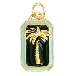 Octagonal gold pendant with green enamel and palm tree motif on a white background
