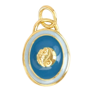 Golden oval tarot pendant with blue enamel and intricate circular emblem on white background