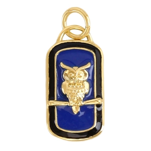 Golden rectangular tarot-style owl pendant with blue enamel and intricate tree detail