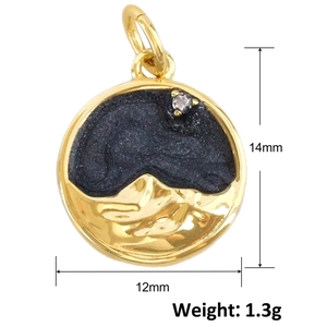 Vergoldeter runder Anhänger mit schwarzer Emaille und Zirkon, 14mm für DIY-Halsketten