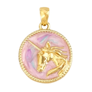 Goldener Einhorn-Anhänger mit lila Marmoremaille und dekorativem gedrehtem Seilrand-Design