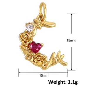 Detaillierter 15mm Goldmond-Anhänger mit Rosen, rotem Herzstein und klarem Kristall