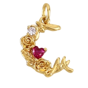 Vintage Goldene Mondsichel Anhänger mit Rose, Herz-Rubin und Buchstaben M Gravur