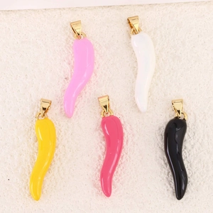 Five colorful cornicello chili pendants in pink white yellow rose and black with gold ring