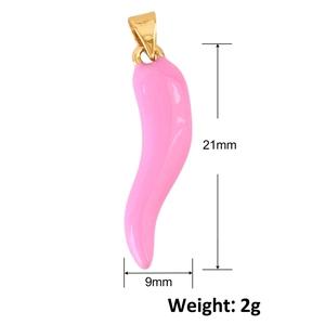 Detail showing 21mm pink chili pendant dimensions with 9mm width and 2g weight