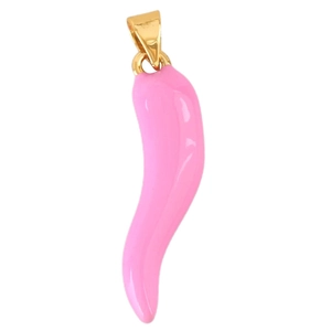 Pink enamel chili pepper pendant with gold metal clasp on white background