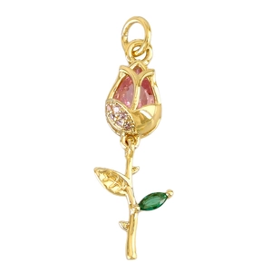 Eleganter vergoldeter Rosenanhänger mit rosa Zirkon und grünem Edelsteinblatt
