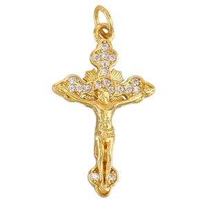 Pendentif croix plaqué or avec crucifix de Jésus et cristaux de zircone micro-pavés