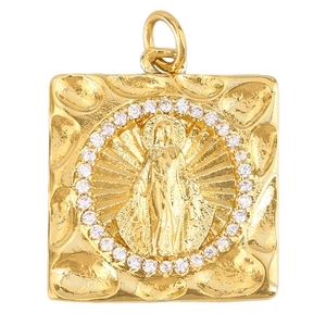 Pendentif carré Vierge Marie plaqué or avec pierres en zircone et bords martelés