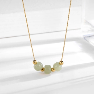 Minimalist 18K Gold Plated Titanium Steel Necklace With Faux Nephrite Jade Beads Elegant Choker For Women Fashion Jewelry