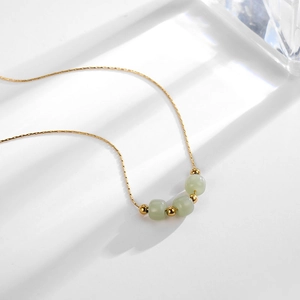 Minimalist 18k gold plated stainless steel necklace with three green jade beads for women