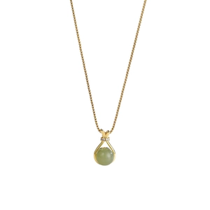 Elegant gold titanium necklace with a round light green stone pendant and white zircons