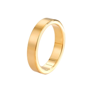 Minimalist 4mm gold polished titanium steel ring with a smooth finish on white background