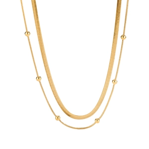 Elegant gold double-layered titanium steel necklace with sleek snake chain and polished beads