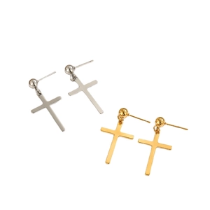 Pendientes de botón minimalistas con colgante de cruz en plata y oro pulido