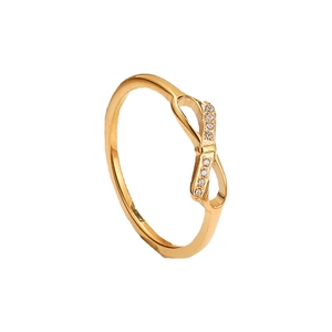 Elegant gold bow-shaped titanium steel ring with sparkling white diamonds for women