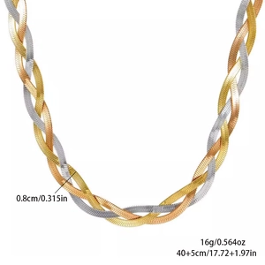 Collana a tre fili intrecciati in acciaio inox oro, oro rosa e argento, maglia a serpente