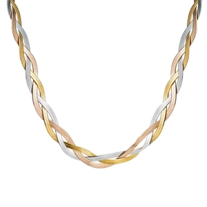 Collana intrecciata a tre tonalità in oro, argento e oro rosa, catena a serpente in acciaio