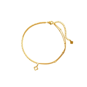 Zweilagiges goldenes Titanstahl-Kleeblatt-Fußkettchen mit verstellbarem Karabinerverschluss
