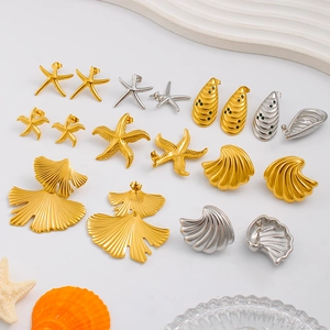 Boucles d'Oreilles Clous Exagérées en Acier Inoxydable Coquillage Étoile de Mer Feuille de Ginkgo Or Argent Plaqué Bijoux