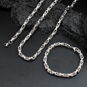 Byzantine Link Chain Jewelry Set For Men Silver Stainless Steel Byzantine Necklace Bracelet Heavy Duty Hip Hop Jewelry